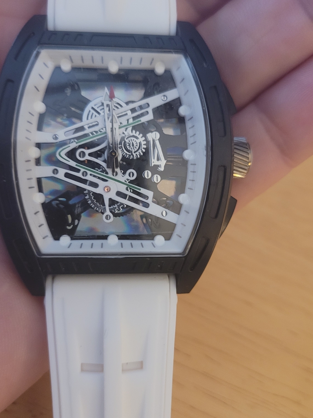 Black Case White Strap Skeleton Sport Watch